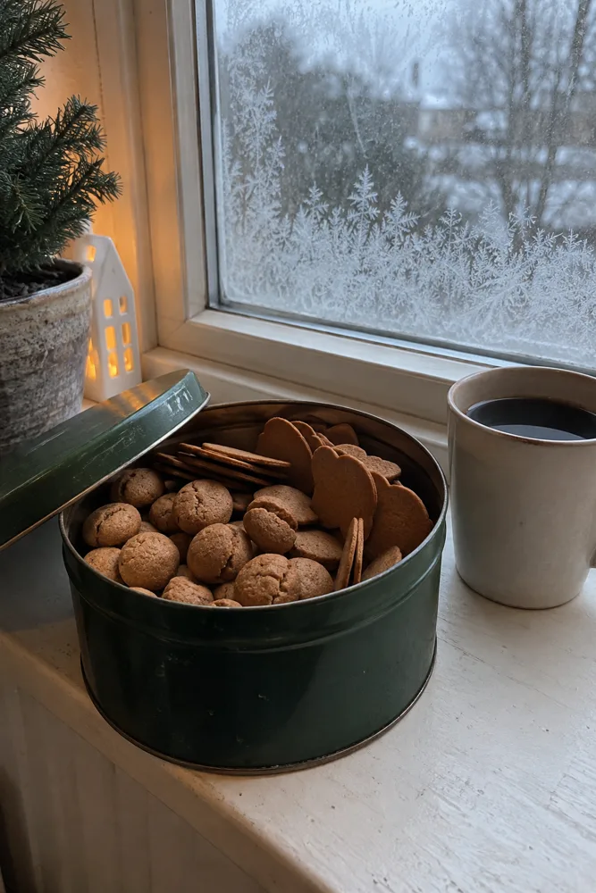 Offene Plätzchendose mit Pfeffernüssen und Gewürzplätzchen auf der Fensterbank an einem grauen Dezembertag